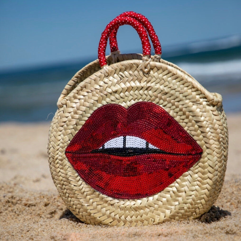 Red Lips Round Straw Bag - Oriana Lamarca LLC