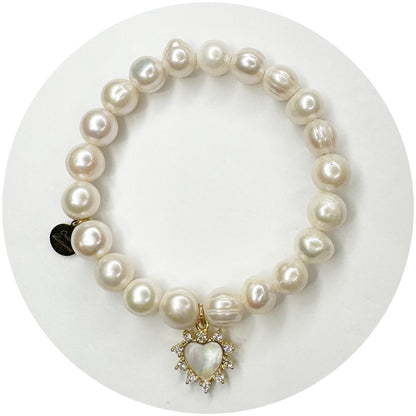 Freshwater Pearls with Mother of Pearl Pavé Heart Pendant