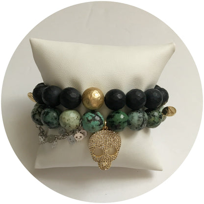 African Turquoise with Pavé Gold Skull and Silver Skull Chain - Oriana Lamarca LLC