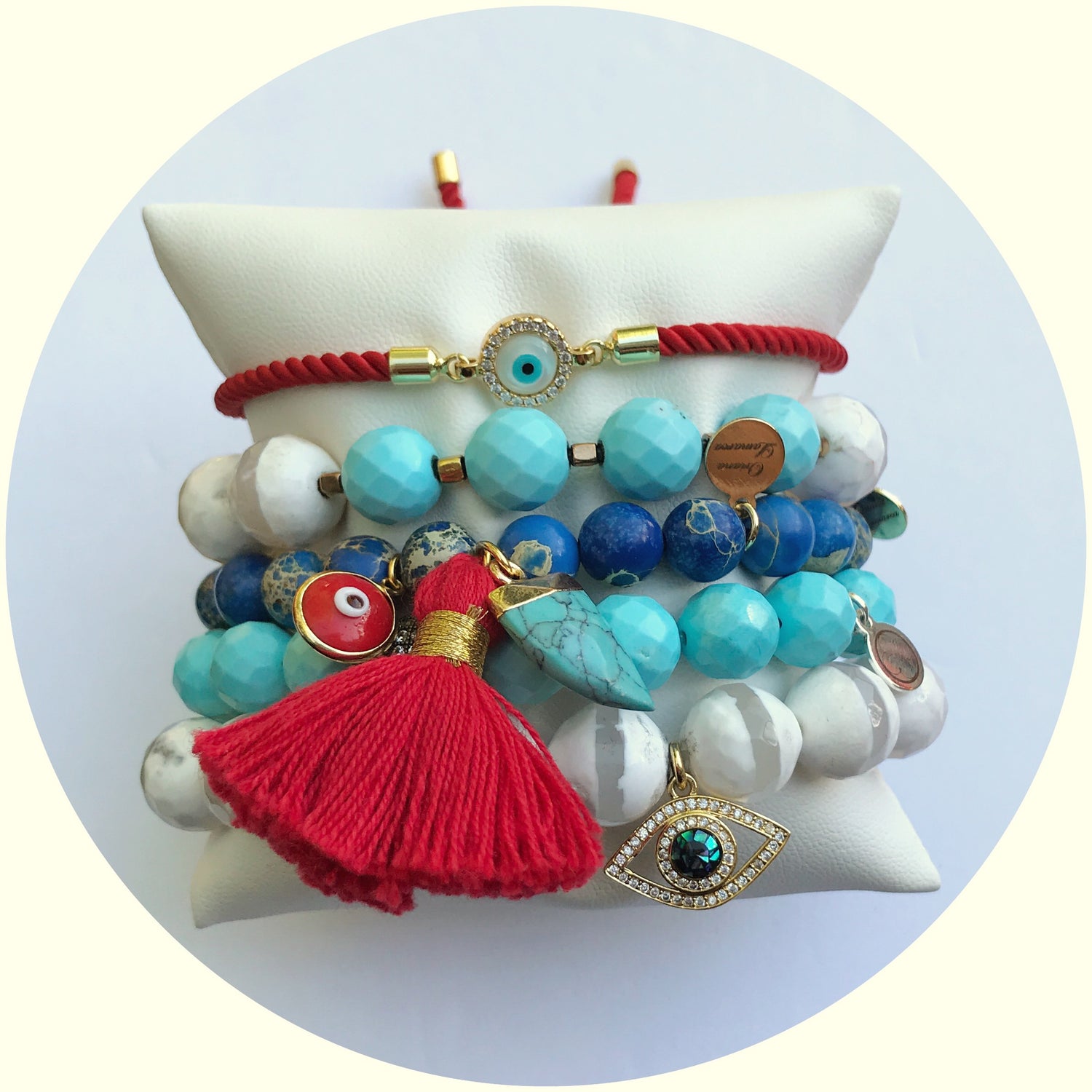 Blue Imperial Jasper with Red Tassel and Turquoise Horn Pendant - Oriana Lamarca LLC