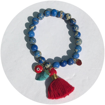 Blue Imperial Jasper with Red Tassel and Turquoise Horn Pendant - Oriana Lamarca LLC