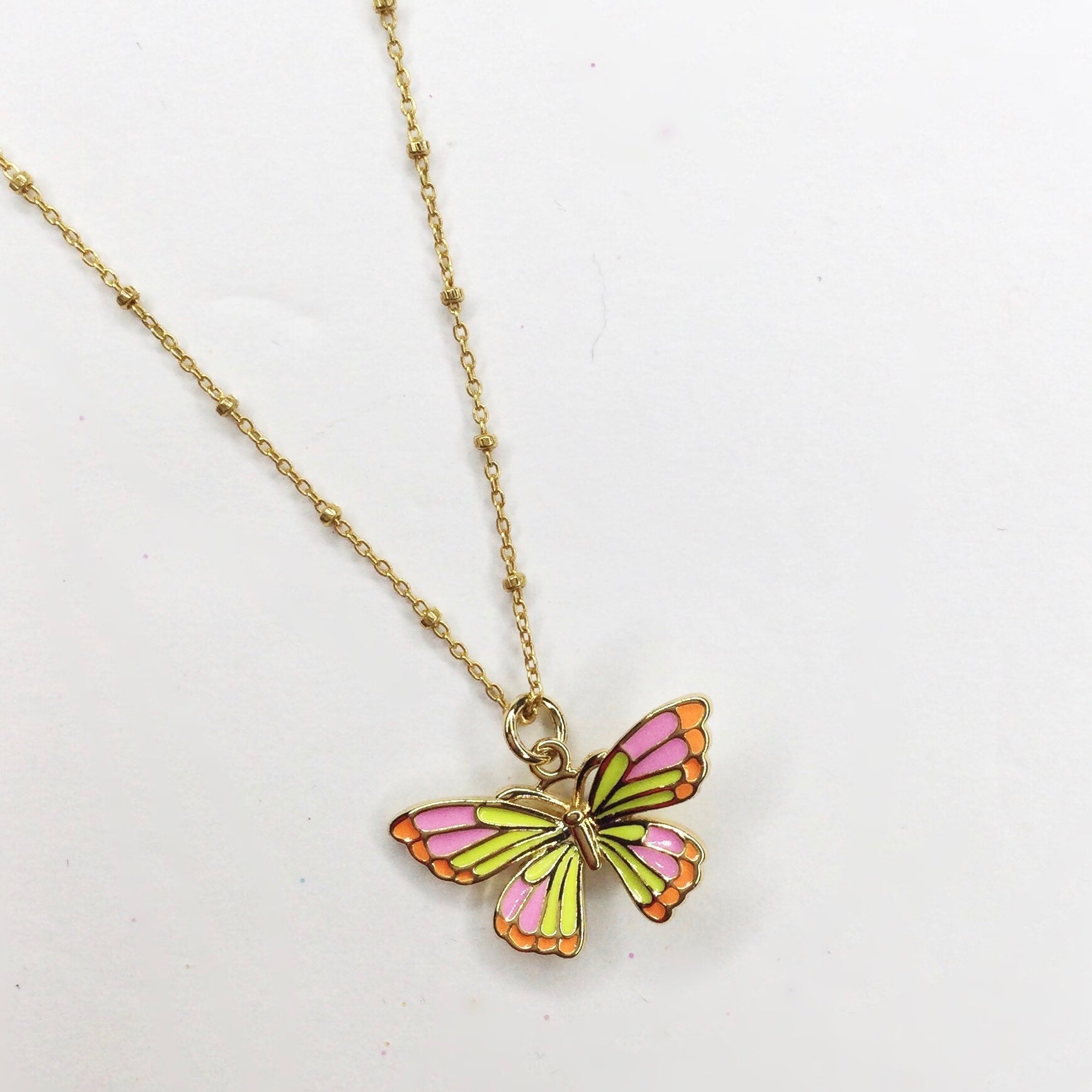 Camellia Pink/Yellow Enamel Butterfly Necklace