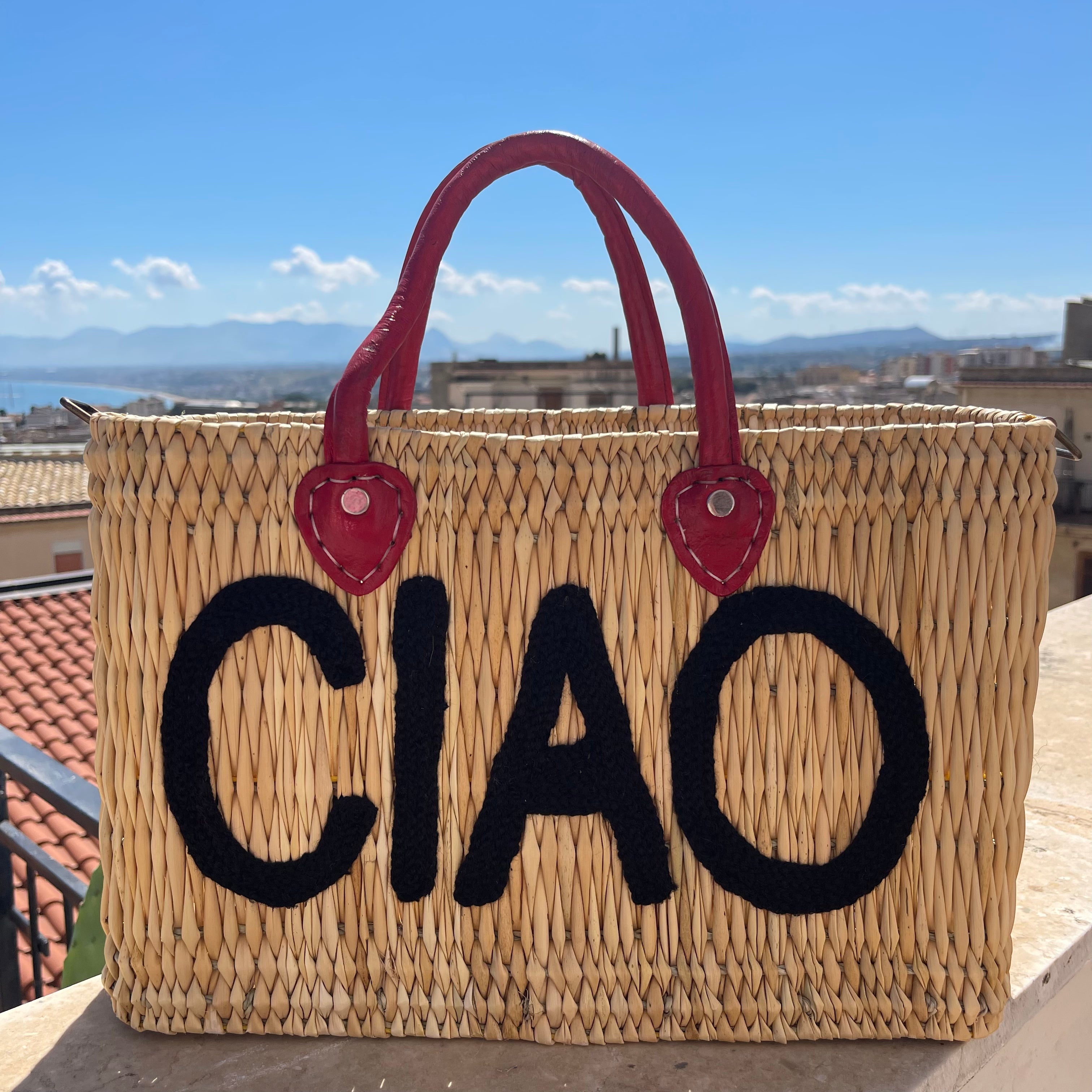 CIAO Red Leather Handle Reed Bag