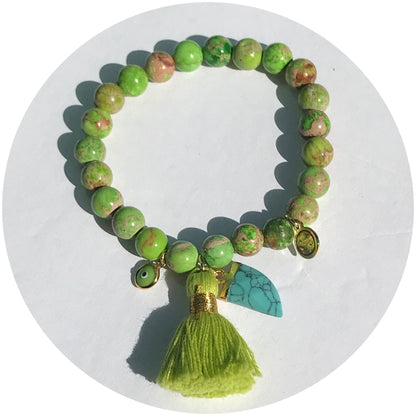 Green Imperial Jasper with Lime Green Tassel and Turquoise Horn Pendant - Oriana Lamarca LLC