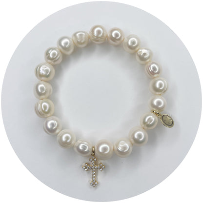 Freshwater Pearls with Pavé Cross Pendant