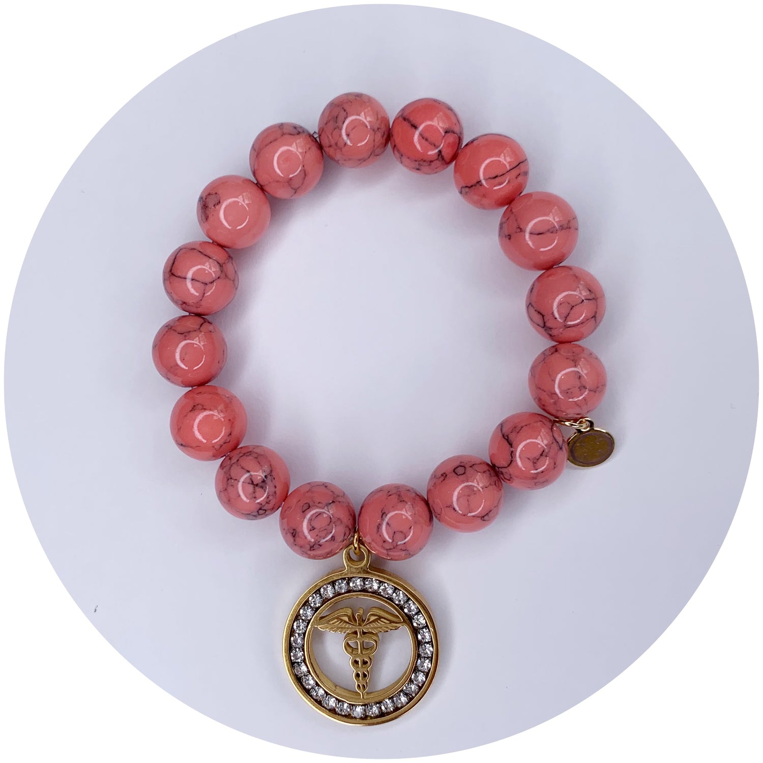 Coral Pink Howlite with Caduceus Staff of Hermes Pendant - Oriana Lamarca LLC