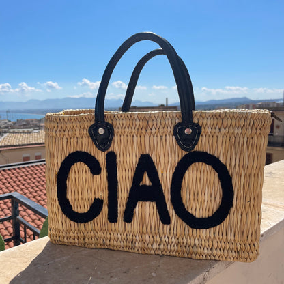 CIAO Black Leather Handle Reed Bag