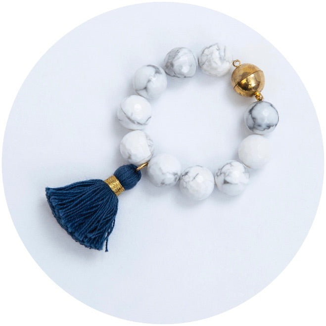 White Howlite with Navy Tassel Wine Glass Marker &amp; Napkin Ring - Oriana Lamarca LLC